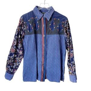 Koos of Course Mixed Print Corduroy Button Down Shirt L | Artsy Boho Patchwork